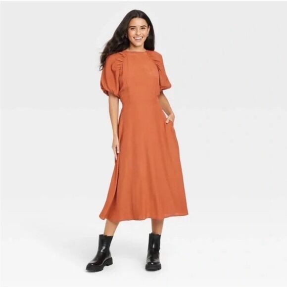 A New Day Puff Sleeve Rust Orange Midi Dress XS - Picture 1 of 9